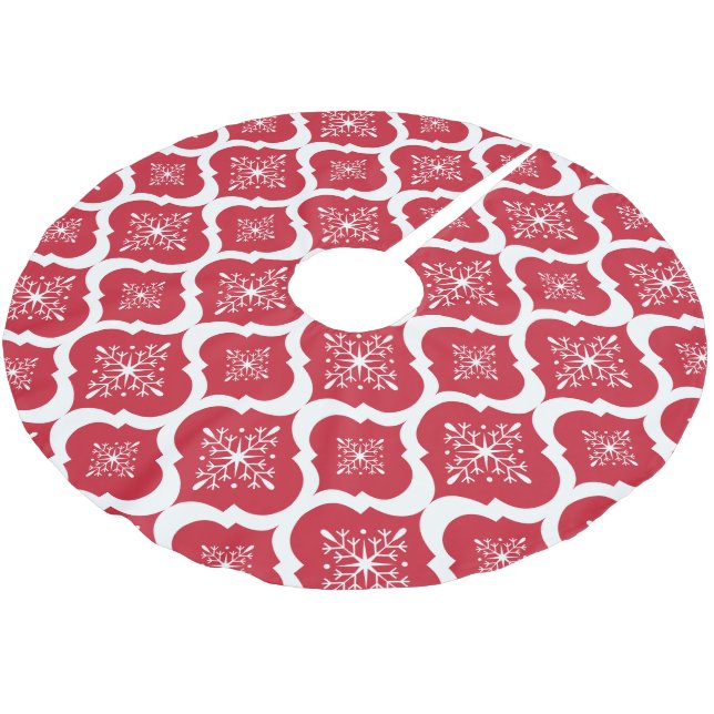 Jupon De Sapin En Polyester Brossé Noël Rouge Blanc Snowflakes Lattice Motif (Angle)