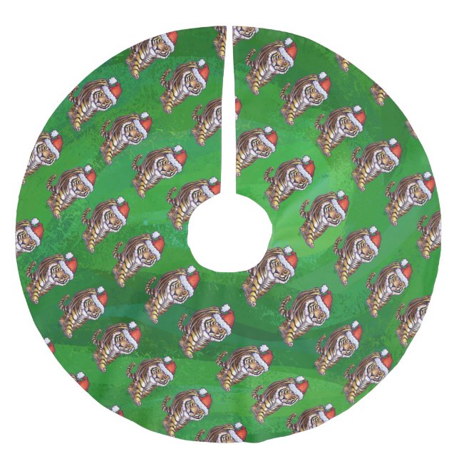 Jupon De Sapin En Polyester Brossé Noël Tigre Sur Vert (Devant)