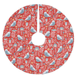 Jupon De Sapin En Polyester Brossé Oiseau nordique bleu sur rouge