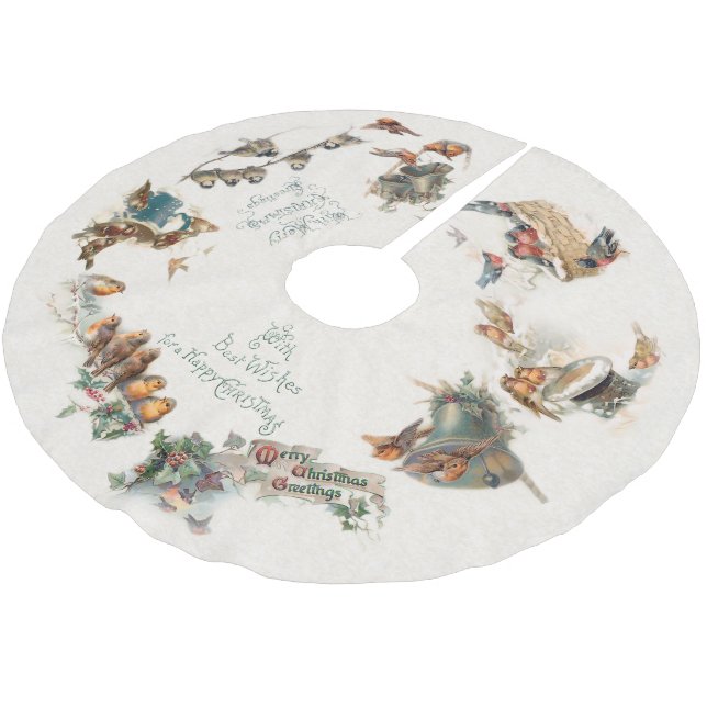 Jupon De Sapin En Polyester Brossé Oiseaux de neige vintages et voeux de Noël (Angle)