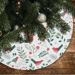 Jupon De Sapin En Polyester Brossé Oiseaux festifs de vacances Houx vert Baies rouges