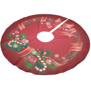 Jupon De Sapin En Polyester Brossé Ombre rouge riche avec couronne de Noël
