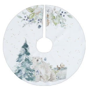 Jupon De Sapin En Polyester Brossé Ours polaire d'hiver de neige bleue Noël