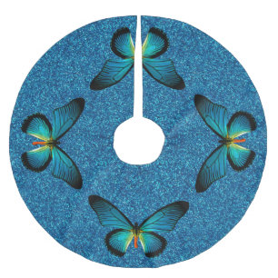 Jupon De Sapin En Polyester Brossé Papillon bleu sur la jupe bleue d'arbre de parties