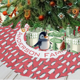 Jupon De Sapin En Polyester Brossé Penguin Noël Nom de famille et Snowflakes