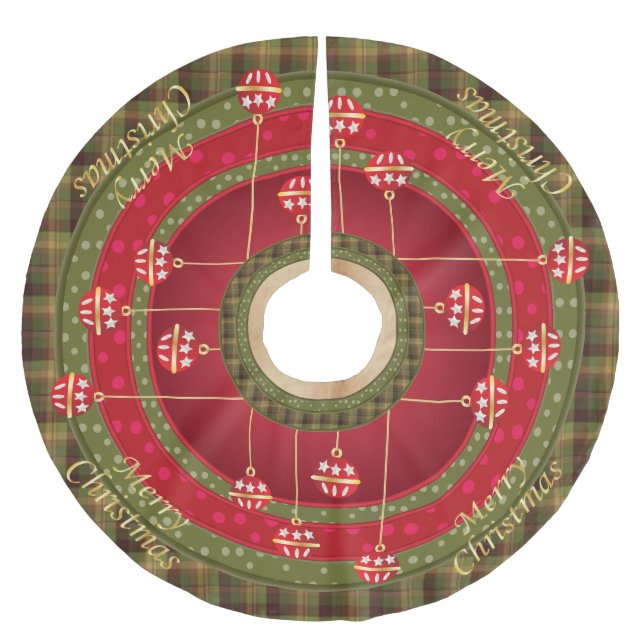 Jupon De Sapin En Polyester Brossé Plaid vert de fantaisie et ornements rouges de (Devant)