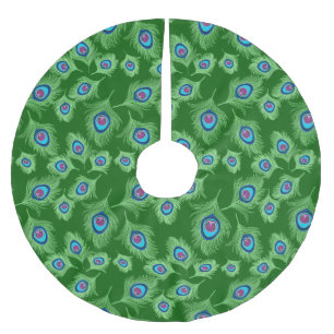 Jupon De Sapin En Polyester Brossé Plumes de chaux et de paon bleu sur vert émeraude