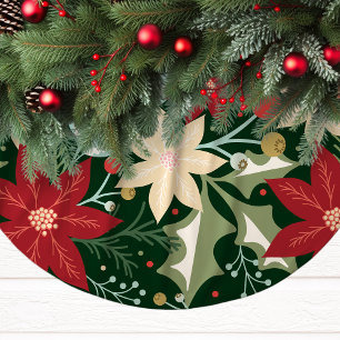 Jupon De Sapin En Polyester Brossé Poinsettia et houx de Noël festif