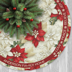 Jupon De Sapin En Polyester Brossé Poinsettia Rouge Beige Festif Mots Noël