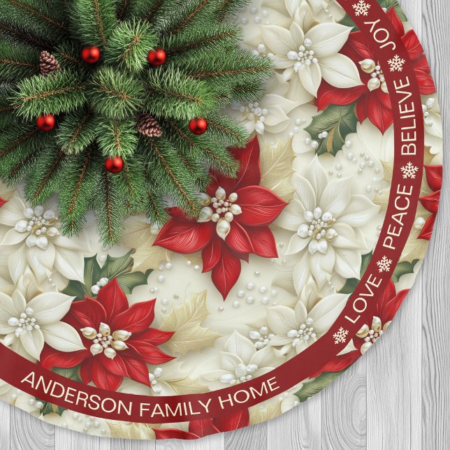 Jupon De Sapin En Polyester Brossé Poinsettia Rouge Beige Festif Mots Noël (Poinsettia Red Beige Festive Words Christmas Brushed Polyester Tree Skirt)