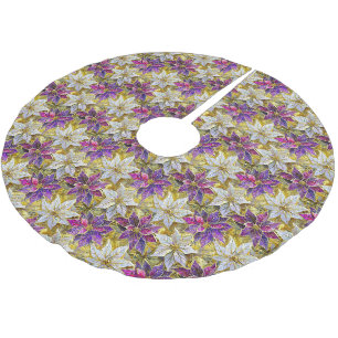 Jupon De Sapin En Polyester Brossé Poinsettias de Noël blanc or violet rose