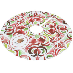 Jupon De Sapin En Polyester Brossé Poulet Noël Rouge & Vert Aquarelle