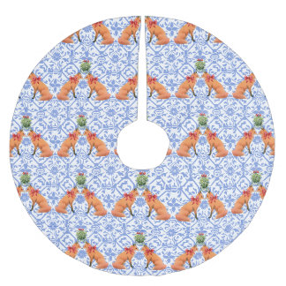 Jupon De Sapin En Polyester Brossé Renards S'Embrasser Sous Mistletoe Blue Chinoiseri