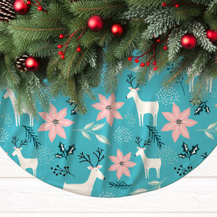 Jupon De Sapin En Polyester Brossé Rennes Fantaisistes et Poinsettias Noël