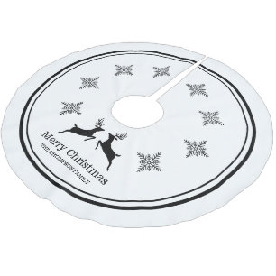 Jupon De Sapin En Polyester Brossé Rennes noires et blanches avec des flocons de neig