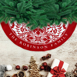 Jupon De Sapin En Polyester Brossé Retro Elegant Rouge Blanc Noël Motif Floral