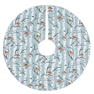 Jupon De Sapin En Polyester Brossé Robins européens sur bouleau d'argent dans la neig