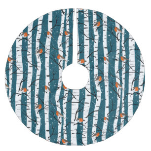 Jupon De Sapin En Polyester Brossé Robins européens sur bouleau d'argent dans la neig