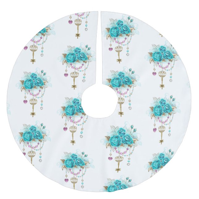 Jupon De Sapin En Polyester Brossé Roses turquoise avec touches (Devant)