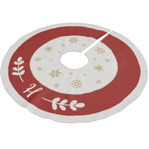 Jupon De Sapin En Polyester Brossé Rouge avec flocons de neige dorés et monogramme