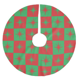 Jupon De Sapin En Polyester Brossé Rouge vert à damiers rétro starburds de Noël