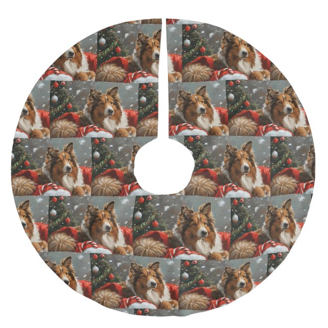 Jupon De Sapin En Polyester Brossé Rough Collie Chien Festif de Noël (Devant)