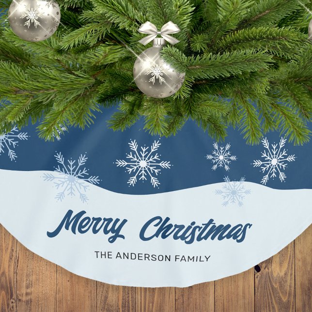Jupon De Sapin En Polyester Brossé Script moderne Snowflakes Bleu foncé Noël (Créateur téléchargé)