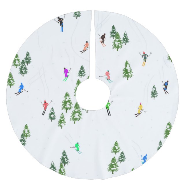 Jupon De Sapin En Polyester Brossé Skieurs Illustration Ski Noël (Devant)