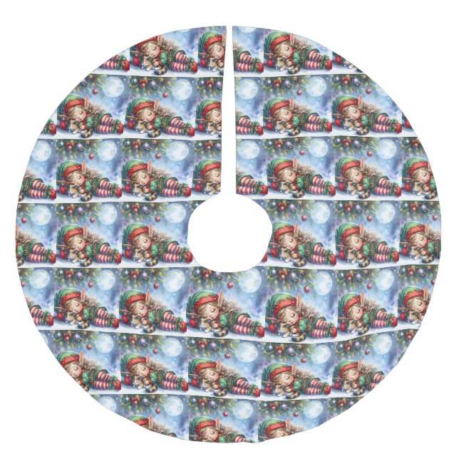 Jupon De Sapin En Polyester Brossé Sleeping Christmas Elf with Calico Kitten (Devant)