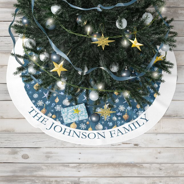 Jupon De Sapin En Polyester Brossé Snowflakes et éléments nautiques Personnalisés (Snowflakes & Nautical Elements Personalized Brushed Polyester Tree Skirt)