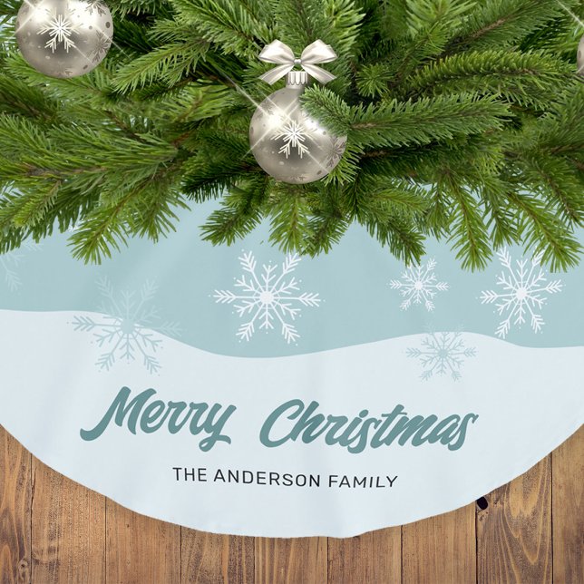 Jupon De Sapin En Polyester Brossé Snowflakes Turquoise Script moderne Noël (Créateur téléchargé)