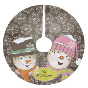 Jupon De Sapin En Polyester Brossé Snowman Couple Brown Snowflake Vacances Arbre Jupe