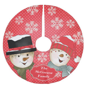 Jupon De Sapin En Polyester Brossé Snowmen classique sur Jupe de Fête Rouge Dotée