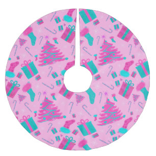 Jupon De Sapin En Polyester Brossé Sucre de canne de stockage de Noël rose présente