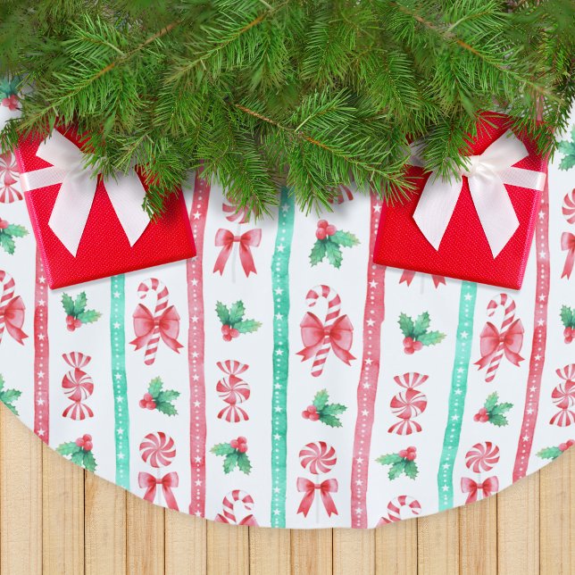 Jupon De Sapin En Polyester Brossé Sucres de canne d'aquarelle rayée + Bonbons de men (Striped Watercolor Candy Canes + Peppermint Candy Brushed Polyester Tree Skirt)