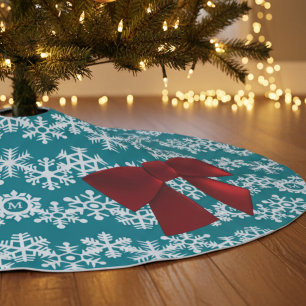 Jupon De Sapin En Polyester Brossé Teal Snowflake Red Bow Christmas Tree Skirt