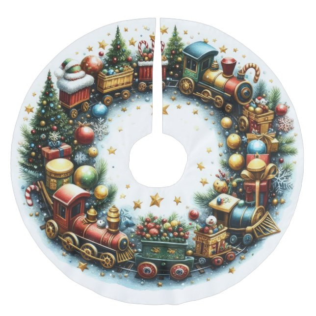 Jupon De Sapin En Polyester Brossé Trains d'aquarelle à Noël blanc (Devant)