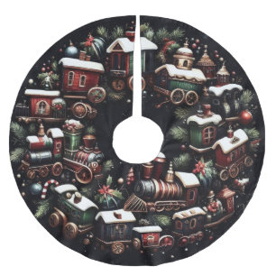 Jupon De Sapin En Polyester Brossé Trains d'aquarelle pour Noël noir