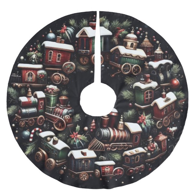 Jupon De Sapin En Polyester Brossé Trains d'aquarelle pour Noël noir (Devant)