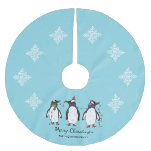 Jupon De Sapin En Polyester Brossé Trois Pingouins Festifs De Noël Avec Texte Personn