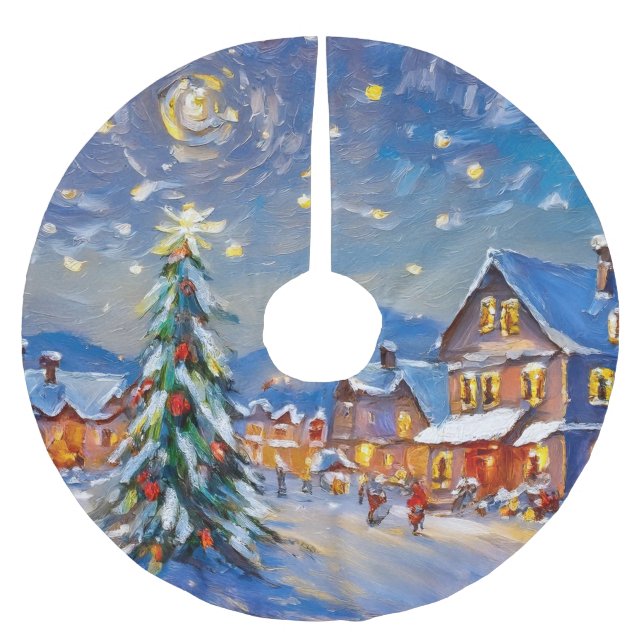 Jupon De Sapin En Polyester Brossé Village d'hiver (Devant)