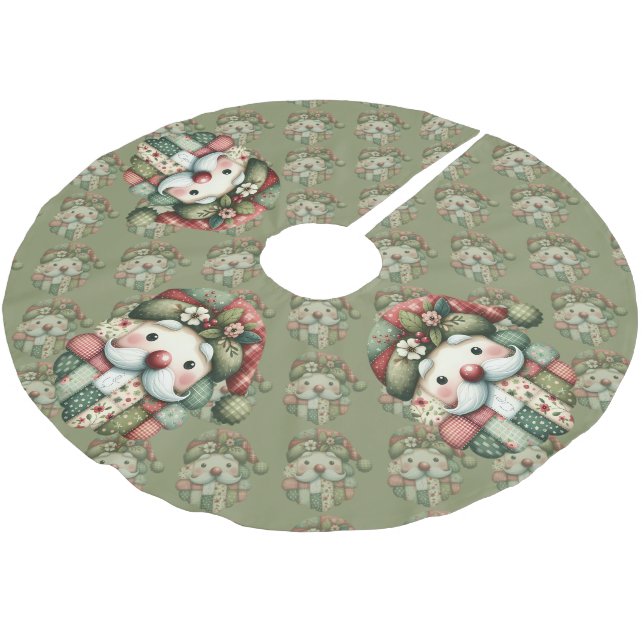 Jupon De Sapin En Polyester Brossé Whimsical Patchwork Santa Folk Christmas (Angle)