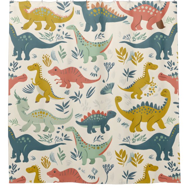 Jurassic Joy: Playful Dinosaur Pattern Duschvorhang (Vorderseite)