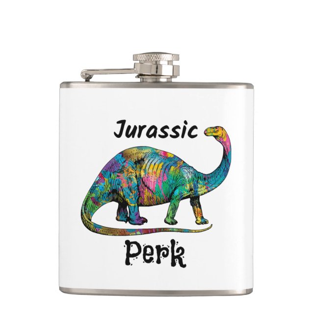 Jurassic Perk Farbiger Dinosaurier Weiß Flachmann (Vorderseite)