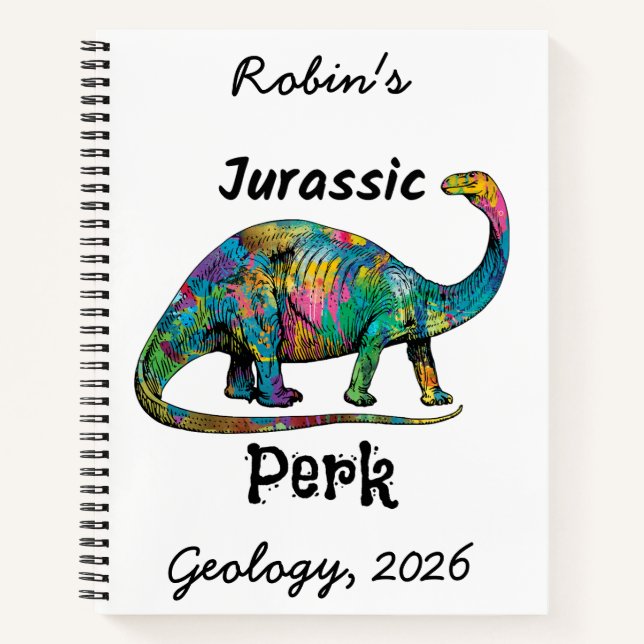 Jurassic Perk Farbiger Dinosaurier Weiß Notizbuch (Vorderseite)