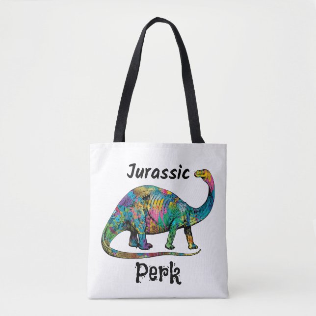 Jurassic Perk Farbiger Dinosaurier Weiß Tasche (Vorderseite)