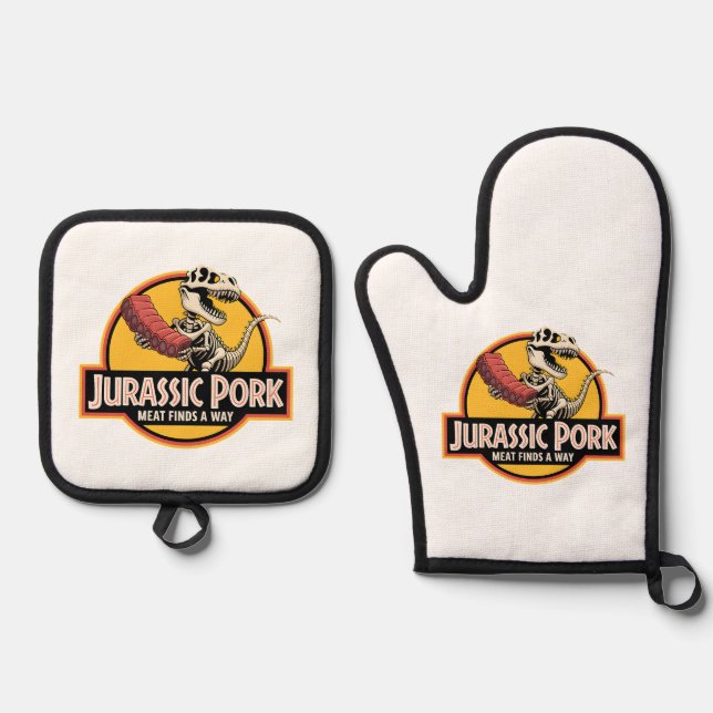 Jurassic Pork – BBQ Humor Ofenhandschuhe Ofenhandschuh & Topflappen-Set (Vorderseite)
