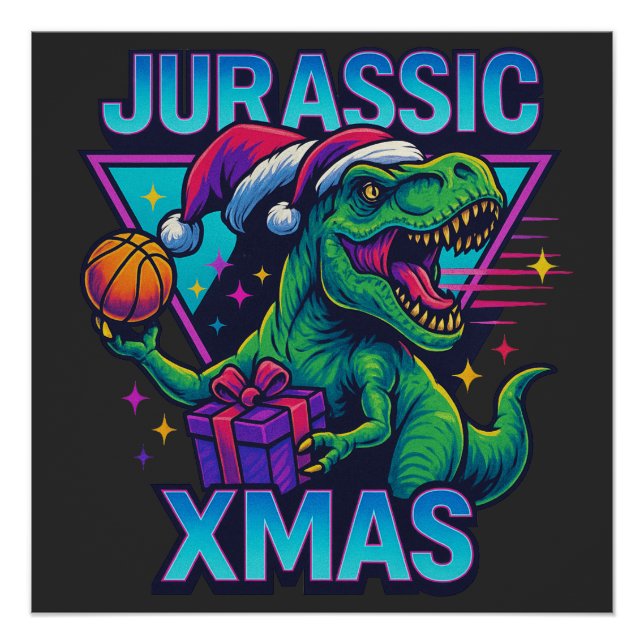 Jurassic Xmas T-Rex - Retro 80s Neon Dinosaur Xmas Poster (Vorderseite)