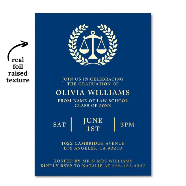 Jurastudien-Skala der Justiz-Navy-Gold-Grad-Party Folieneinladung (Law school graduation party invitation with real gold foil raised texture)