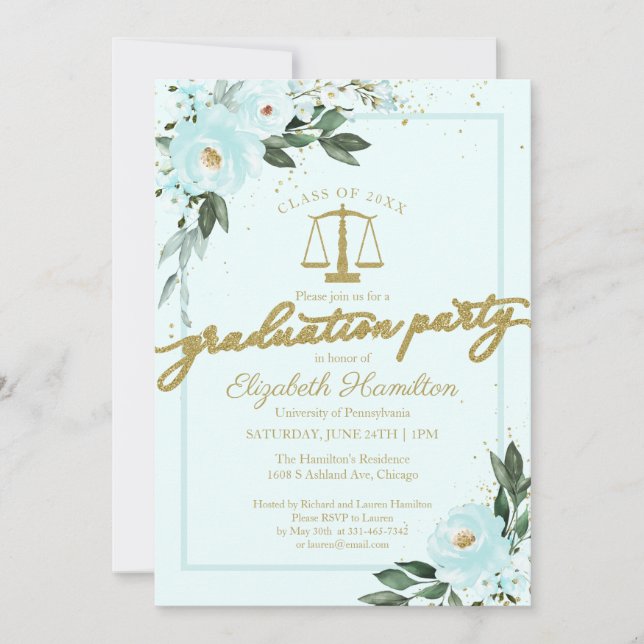 Jurastudium Party Gold Aquamarine Blütenwelt Einladung (Vorderseite)